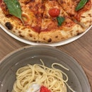 Margarita pizza and mentaiko pasta