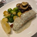 Salmon with Sautéed Brussels and Garlic Butter Eggplant