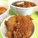 Fried Fish with Lor Mee in the background.