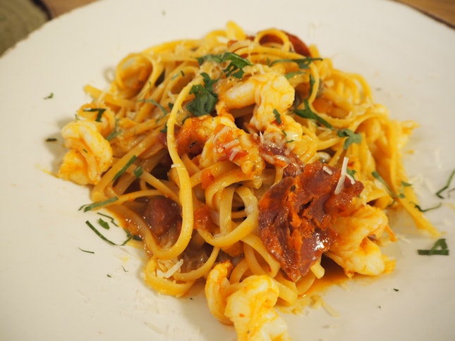 Prawn & Chorizo | Linguine, Spicy Chorizo, Tiger Prawns, Tomato Coulis [$22]