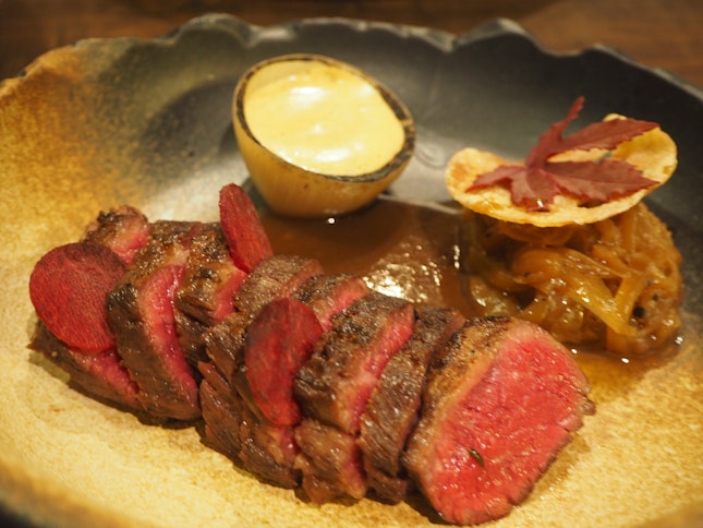 130g Wagyu Chuck | Onion - brown butter truffle mousseline, burnt onion purée, lotus root chip [$28]