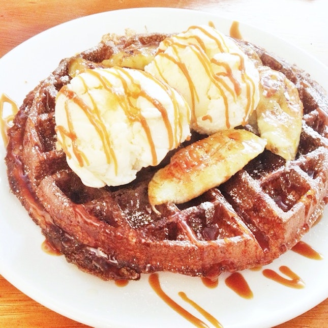 Buttermilk Waffles With Caramelized Bananas, Salted Caramel Sauce And Ice Cream