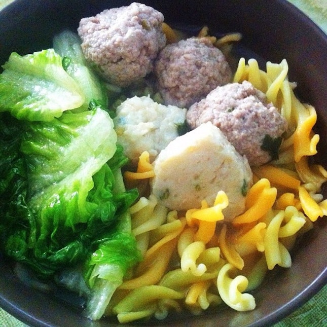 Fusion ..pasta soup with fish cake and meatballs!