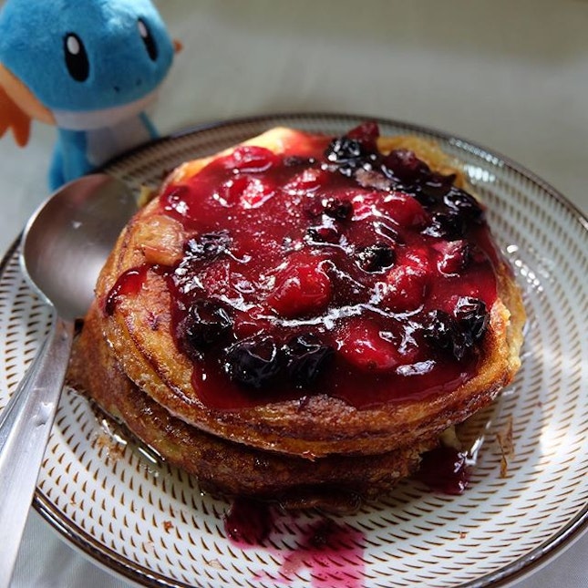 Mudkip is curious about my pancakes with blueberry & cranberry sauce.
