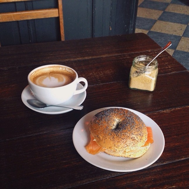 Yesterday's life saver was a cream cheese and smoked salmon bagel and a flat white.