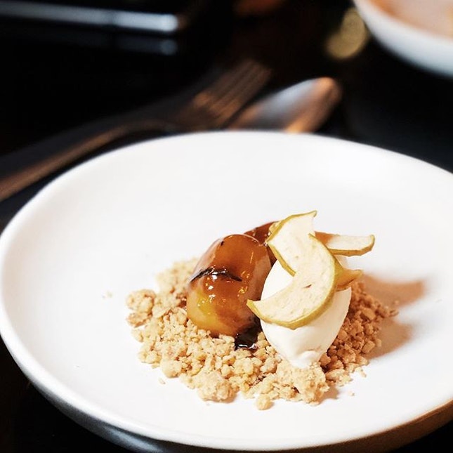 Apple and ice cream - crunchy apples caramelised with Calvados (traditionally a French apple brandy), with clove ice cream and brown sugar oat crumble.