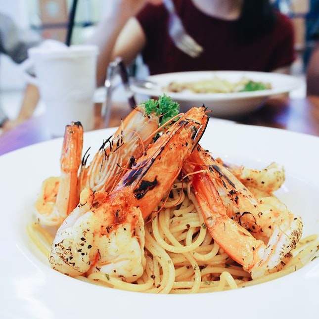 Prawn Aglio Olio from The Wicked Garlic is wickedly good because the prawns are juicy and properly grilled, the pasta is full-flavored with spice and garlic.