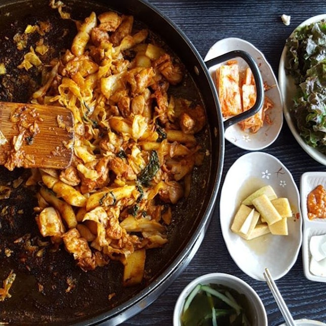Chuncheon Dakgalbi; Stir Fried Chicken with Cabbage, Rice-cakes and Sweet Potatoes.