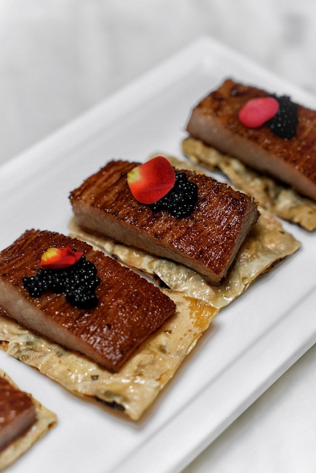 Deep-Fried Japanese Pork Jowl with Beancurd Skin & Caviar. 