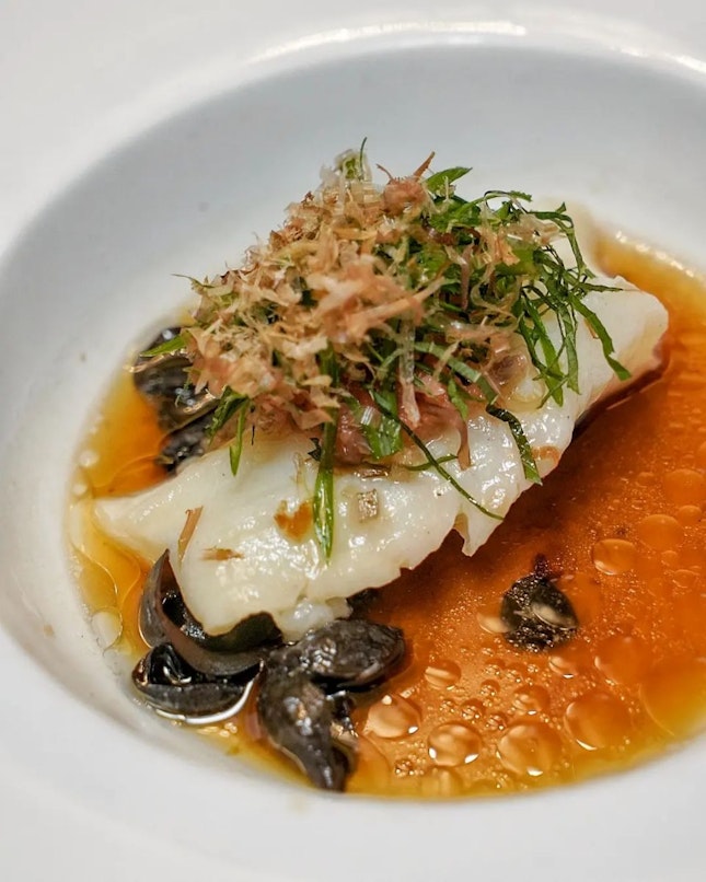 Steamed Chilean Cod Fish with Japanese Shiso Leaf and Black Fungus in Superior Soya Sauce topped with Bonita Flakes