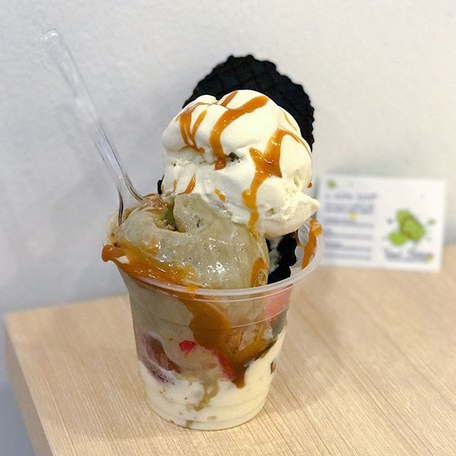 Ice cream parfait [$6.80] + additional scoop [+$3] Choice of 2 toppings and 1 sauce, each parfait comes with a scoop of ice cream of your choice, with a base of whipped cream (??), topped with a charcoal waffle cone biscuit.
