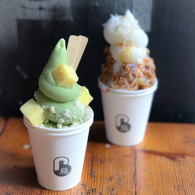 Thai green tea softserve [$7/cup]  New flavour available till 8th August, each cup of Thai green tea softserve comes with toppings of milk crumbs and vanilla sponge cake cubes by default.
