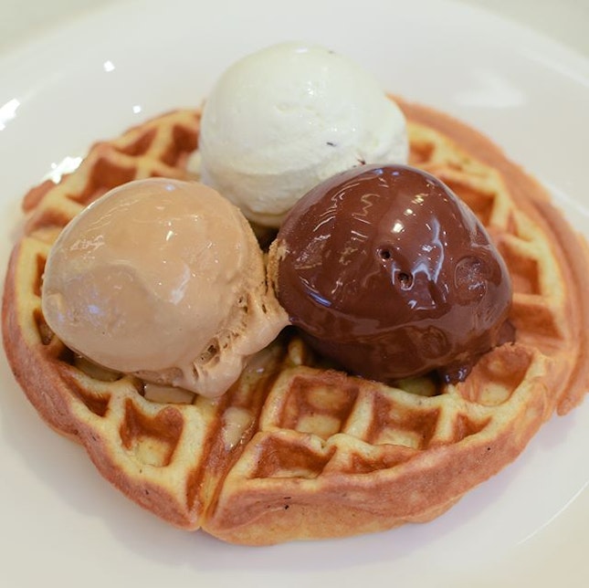 Waffles with triple scoop [$15] With your choice of gelato and sauce (chocolate, maple or butterscotch syrup), the waffles here are unfortunately a letdown, paling much in comparison to the gelato.