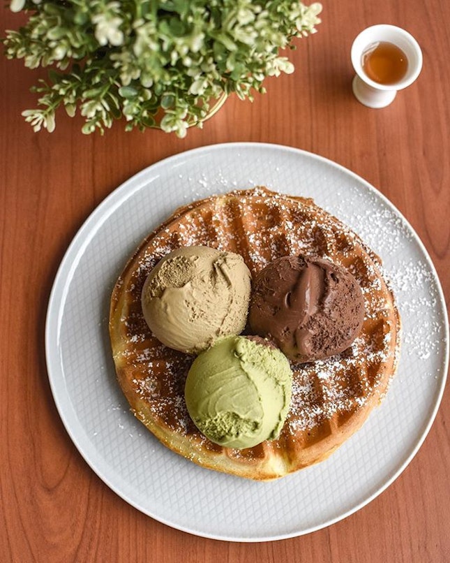 Waffles with triple scoops [$16] .