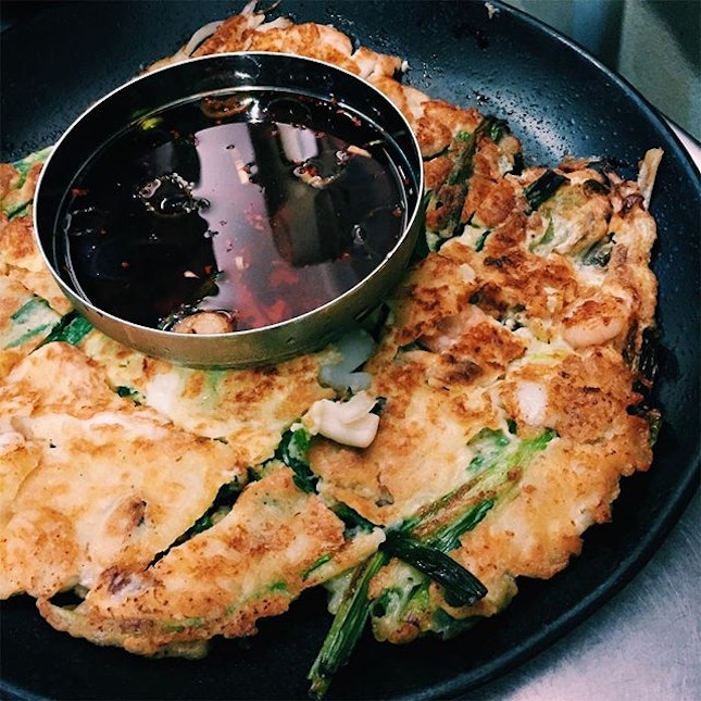 Friday night Seafood Korean pancakes ($28) at superstar k come packed with bits of squid, fresh plump shrimp and crunchy scallions.
