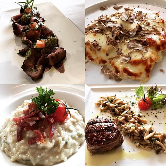 Celebration lunch - #duckbreast in red wine sauce, #pecorino pasta with #truffles, beef #tenderloin wrapped with cured bacon and #risotto with Parma ham cubes #whati8today #sgfoodie #burpple