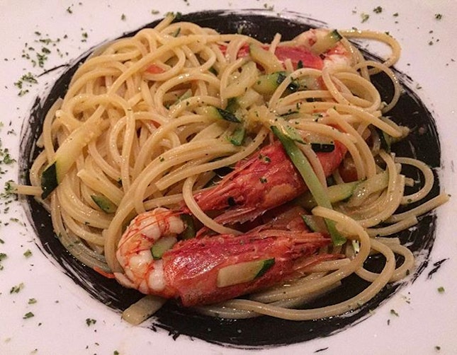Spaghetti Nero with red shrimp.