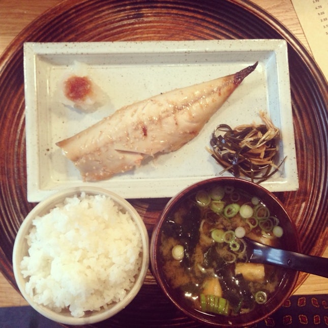 Japanese Breakfast: Grilled Marinated Mackerel, Miso Soup & Rice