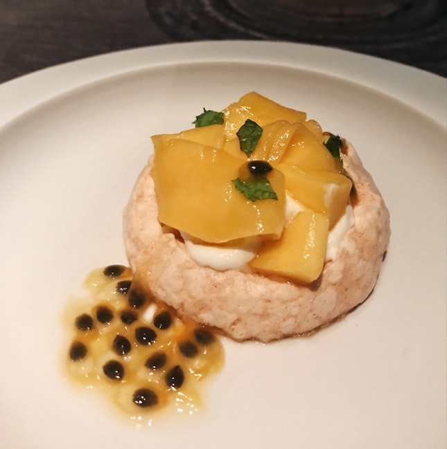 Yuzu Pavlova With Passion Fruit And Mango Topping (part of Rizu Omakase; $15)