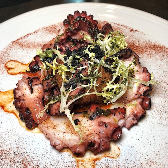 Grilled Octopus with Smoked Peppers, Eggplant and Black Olives ($45)