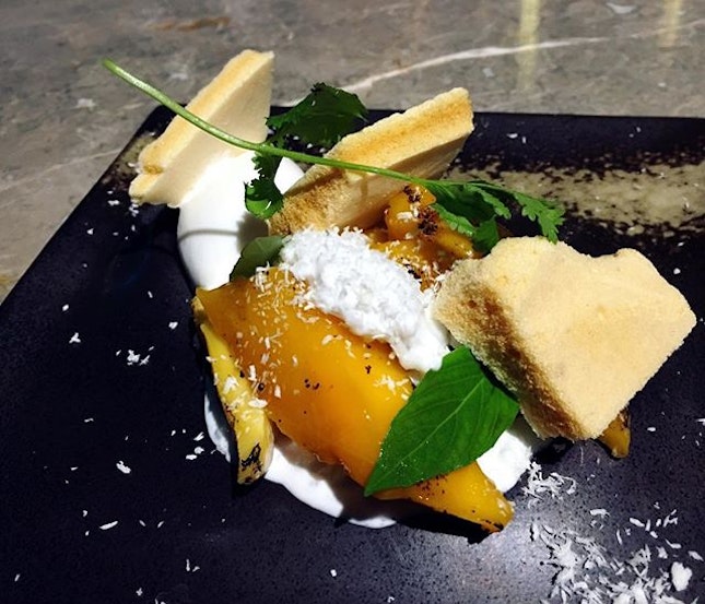 Caramelised mango and textures of coconut.