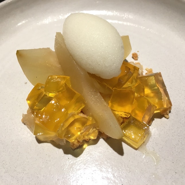 Poached Pear With Ginger Sorbet