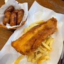 Cod Fish And Chips (L) And Pork Sausages