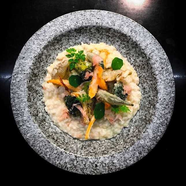 Open Door Policy - Invited Tasting - Mains - Vegetable Tempura Risotto (V) (💵S$25) 
Pickled pink ginger, okra, baby carrot, oyster mushroom, broccoli.