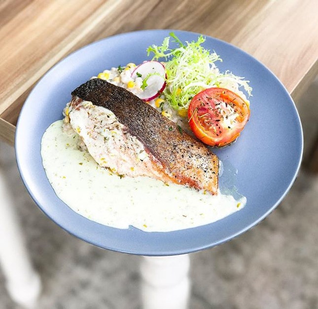 W39 Bistro & Bakery - HOSTED TASTING - Main Dishes - Pan-Fried Salmon (💵S$22) 
Norwegian Salmon, barley & corn Risotto, capers sauce & side salad.