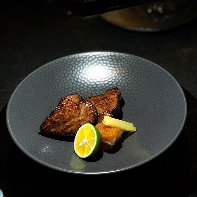 Jinjo @jinjosg - HOSTED TASTING - The Kama Toro (💵S$28) Tuna Belly was cooked sumiyaki style, the charcoal kissed tuna adds a beautiful charred aroma and despite being charcoal grilled, it remains juicy and pinkish in the middle.