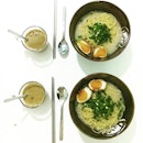 On the breakfast menu today: Tonkatsu flavoured ramen, ramen egg, coffee.