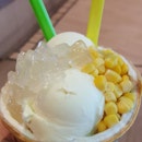 7🌟 / 10🌟 Ice-cream with Sweet Corn and Aloe Vera in a mini Coconut husk from Wimi Ice Cream stall at 321 Clementi Mall