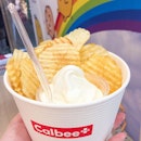 Calbee chips and soft serve.