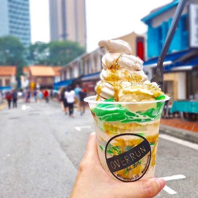 This chendol softserve has been overrun by the durian purée.