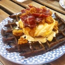 Saturdays brunching at OMT, polishing off a hugeass waffle topped with Popcorn Chicken, Cheese and Bacon.