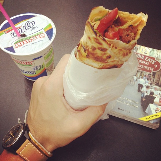 First meal in Istanbul, beef kebab in a wrap with sour yogurt.