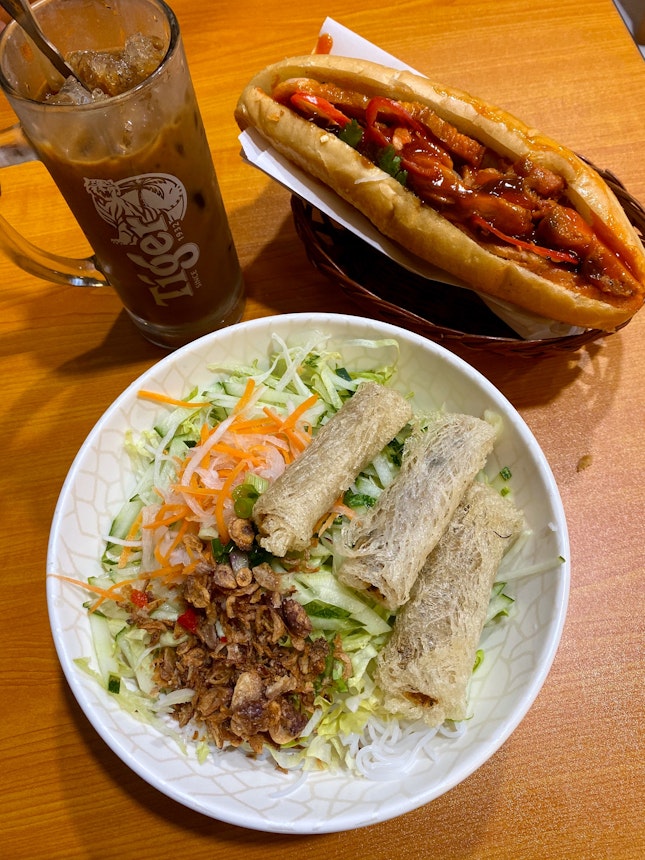 Noodles With Spring Roll ($7), Grilled Chicken Banh Mi ($7.50), Vietnamese Coffee ($3.50)