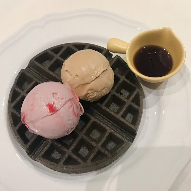Charcoal Waffle w/ Double Scoops Ice Cream