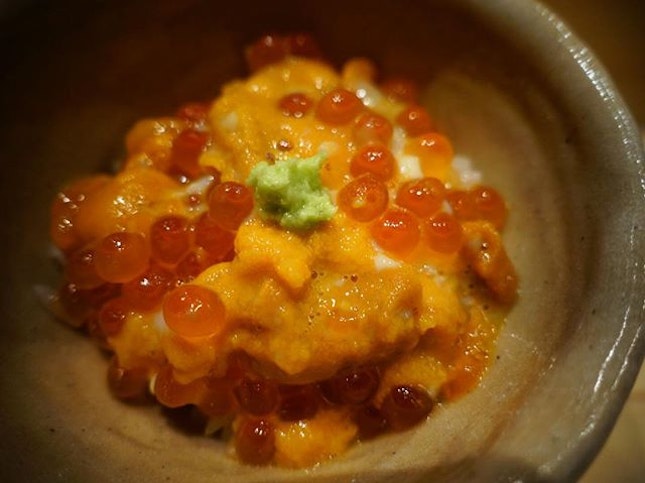 Chef Tomoo's signature uni, ikura and onsen egg rice bowl.