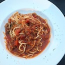 Bolognese ($15.90++) Spaghetti with ground beef in tomato based sauce.