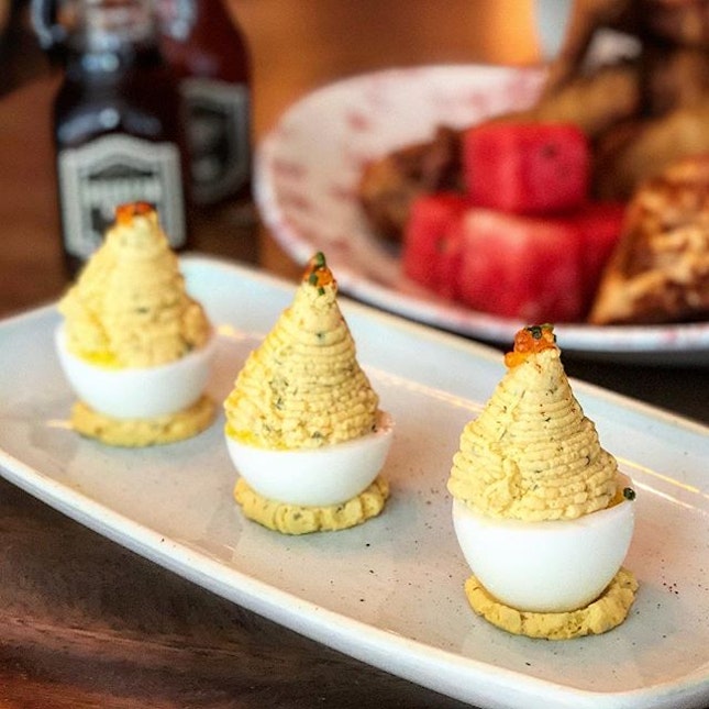 🤤Rainy mornings like this call for a laidback brunch...embrace your inner sloth and nibble on these light bites: ✨deviled eggs topped w/ smoked trout roe.