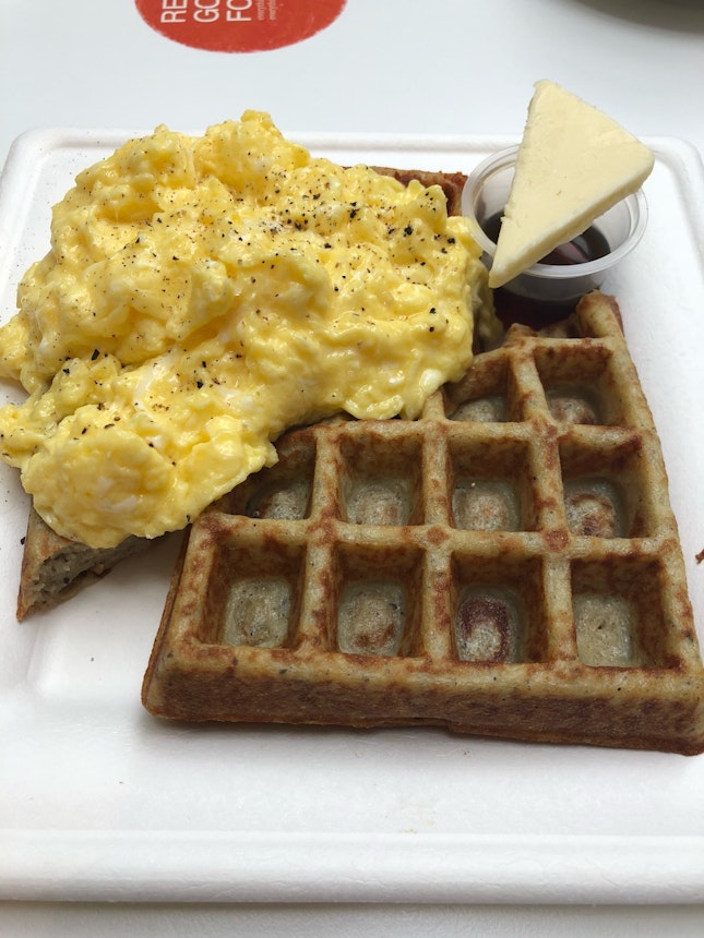 Gluten Free Waffles With Scrambled Eggs & Tomato Paste And Butter With Maple Syrup $16
