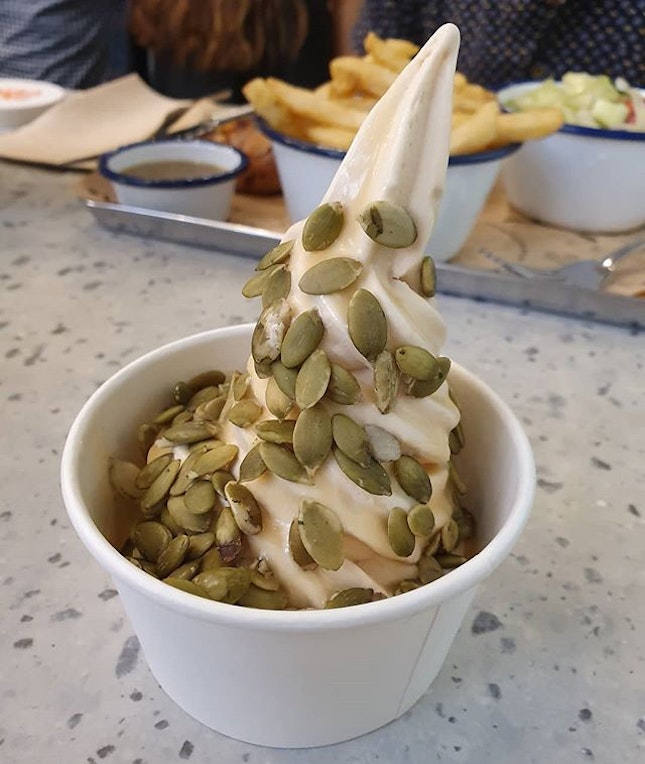 Coconut soft serve made better with salted caramel and the crunch of pumpkin seeds