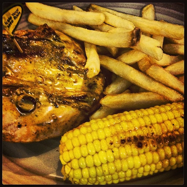 butterfly chicken breast with fries and corn!