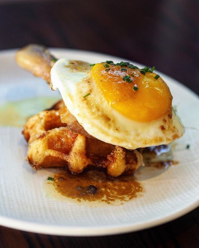 [Hilton Singapore] - Waffles with Crispy Duck, topped with fried duck egg and mustard maple syrup.