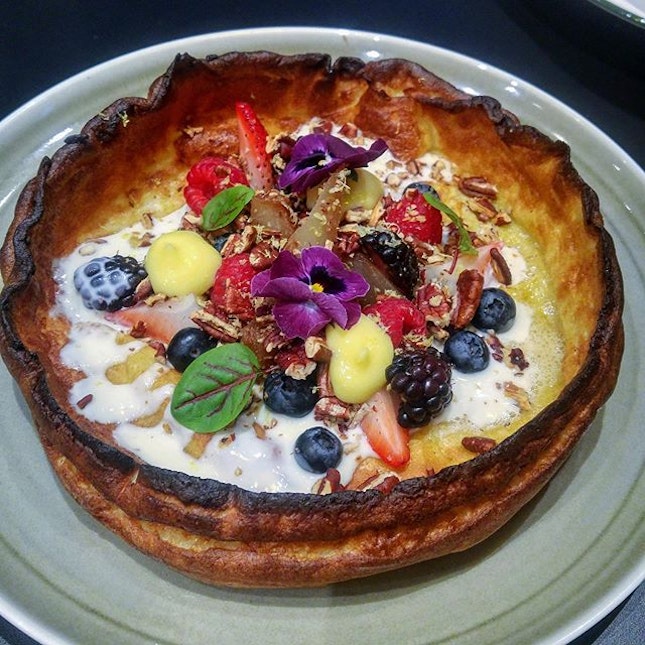[Baker & Cook] - Dutch Baby Pancake ($22) may be pretty with edible flowers sprinkled over, but I feel it lacks excitement, like what a fluffy-looking Dutch Baby Pancake sitting warm and snug in a saucepan would evoke.