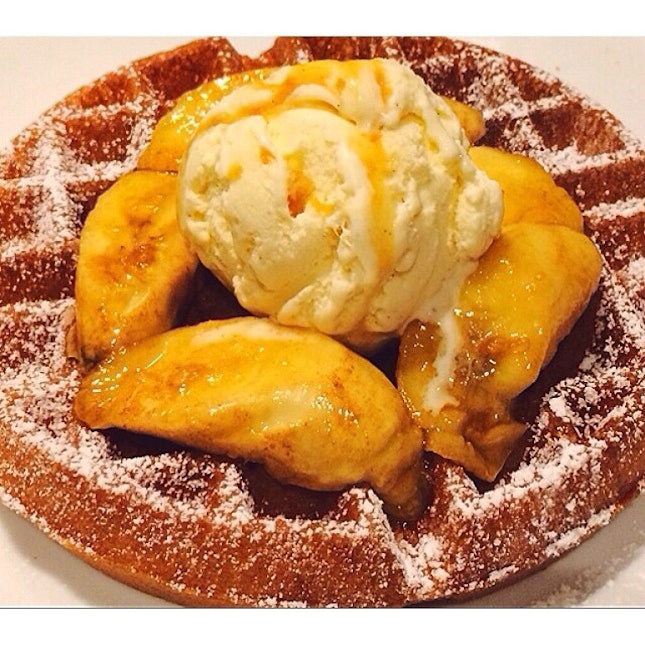 Buttermilk waffles with Butter Rum bananas🍌🍌 and vanilla bean ice-cream 🍦🍦.