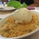 A comforting Warm Apple and Pear Crumble crowned with a buttery crust and topped it off with cold vanilla ice cream.