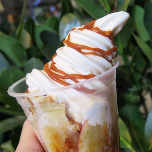 $3.50 Happiness in a Cup - Apple Cinnamon waffles with vanilla soft serve and salted caramel sauce.