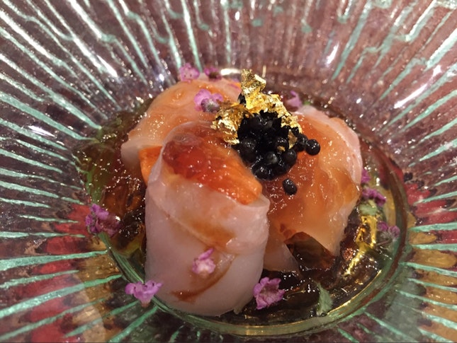Uni Wrapped With Hirame Topped With Caviar 